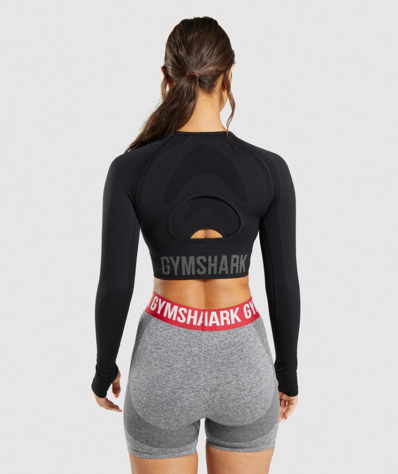 Women's Gymshark Flex Sports Long Sleeve Cropped Tops Black | CA A05618